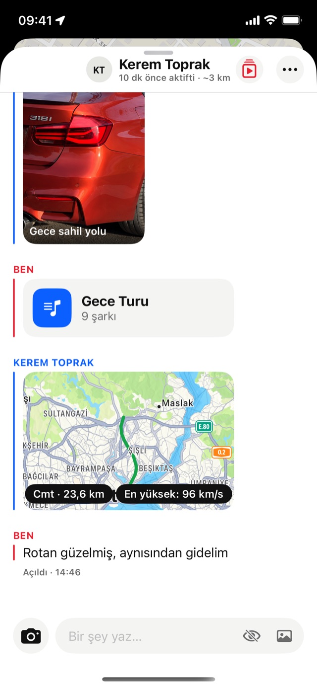 Sohbet ekranı: çalma listesi ve yolculuk kartları